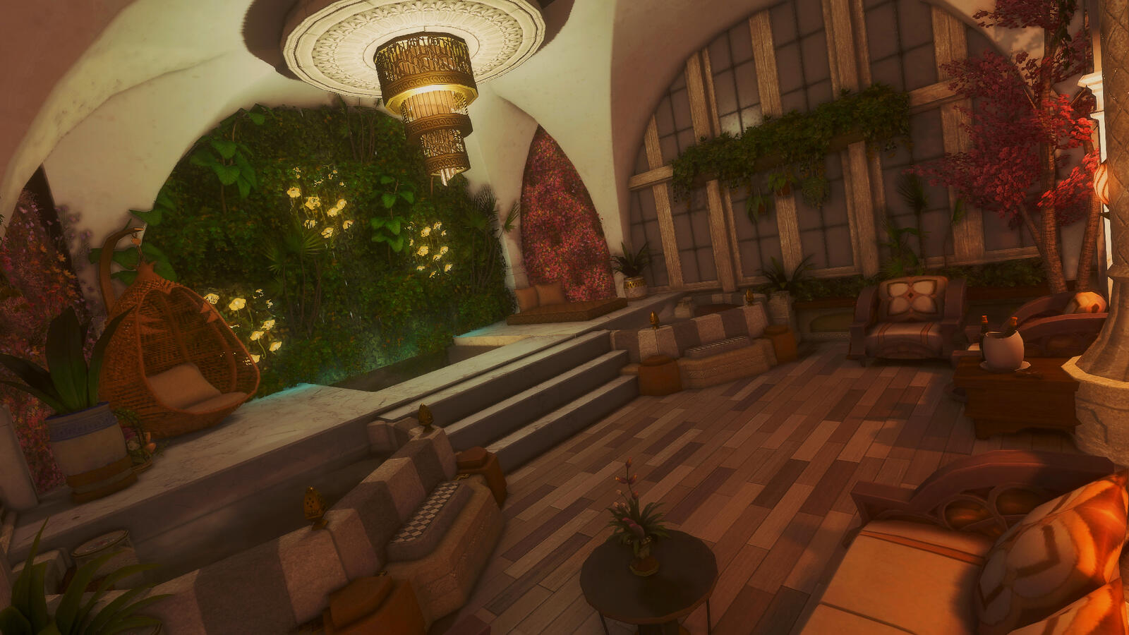 A sunlit conservatory filled with plants and seating.