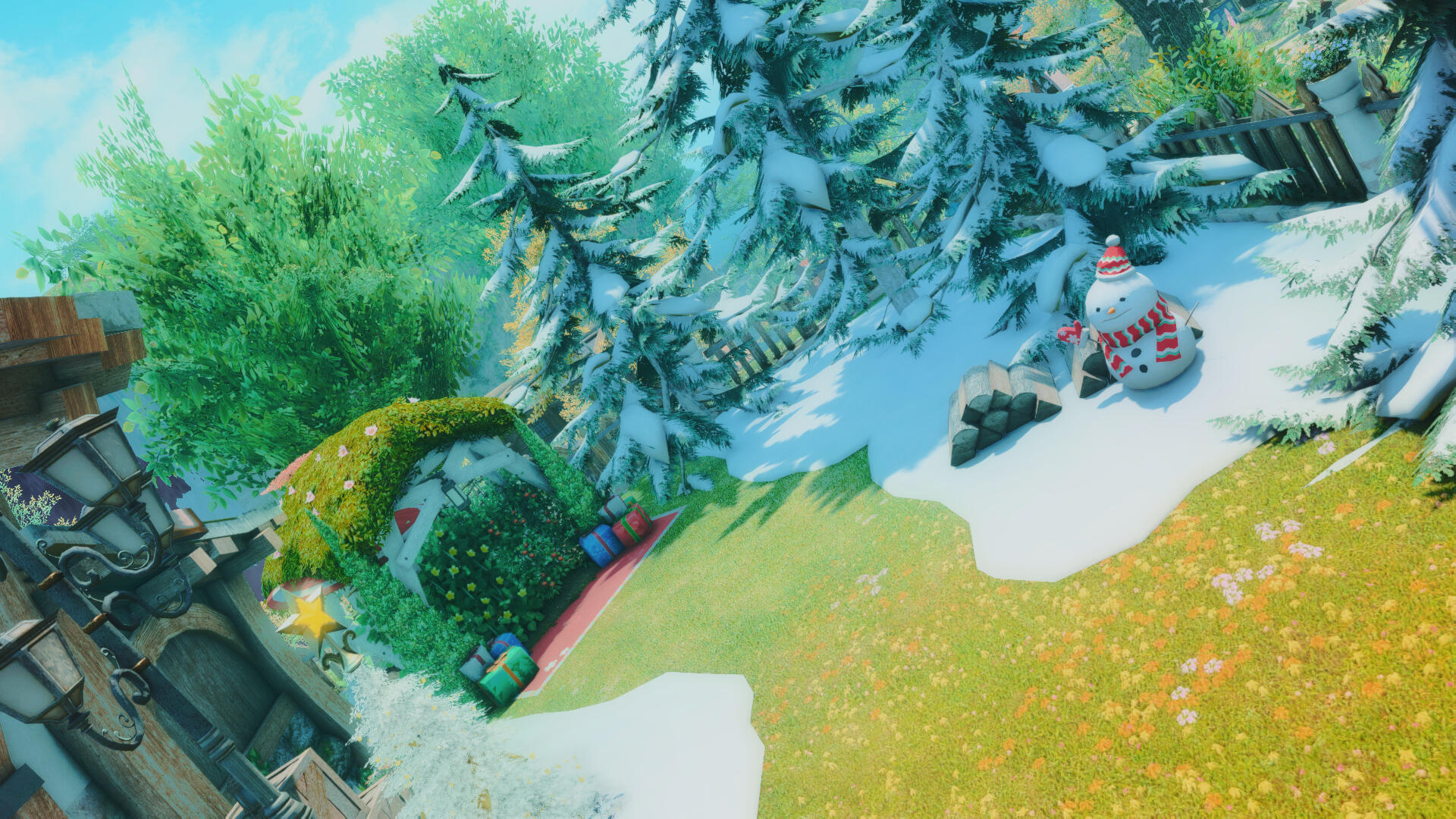 A snowy garden with gifts and trees