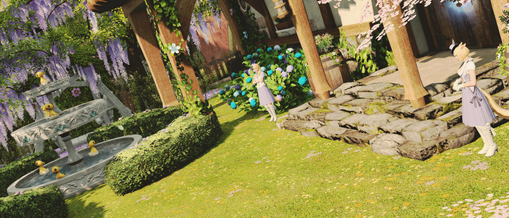 A snowy garden with gifts and trees